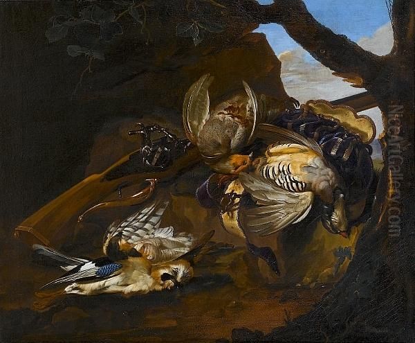 Dead Partridges With A Dead Jay 
And Sparrowhawk With Hunting Paraphernalia And An Italian Wheel-lock Gun
 In A Landscape - view 1