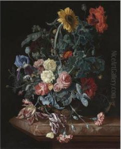 Still Life With A Bouquet Of Flowers On A Marble Table Top by Willem Van Aelst