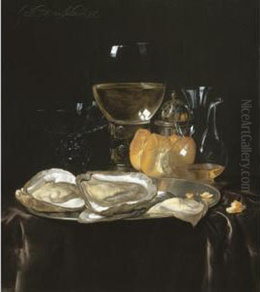 Still Life With A Roemer, A
Carafe Of Vinegar, A Glass Tazza, A Bread Roll And Oysters On A Silver
Plate On A Draped Table Top - view 1