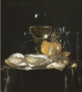 Still Life With A Roemer, A
Carafe Of Vinegar, A Glass Tazza, A Bread Roll And Oysters On A Silver
Plate On A Draped Table Top by Willem Van Aelst