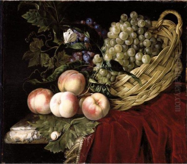 A Still Life With Peaches And
Grapes Fallen From An Over-turned Basket, Resting On A Partly-draped
Marble Ledge by Willem Van Aelst