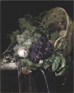 Peaches, Chestnuts And Grapes In
 An Overturned Basket Resting On A Partially Draped Marble Ledge