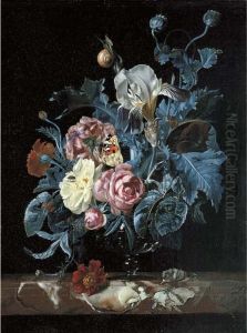 Roses, Irises, Poppies And Other
 Flowers In A Glass Vase, On Amarble Ledge With A Tortoiseshell 
Butterfly And Insects by Willem Van Aelst