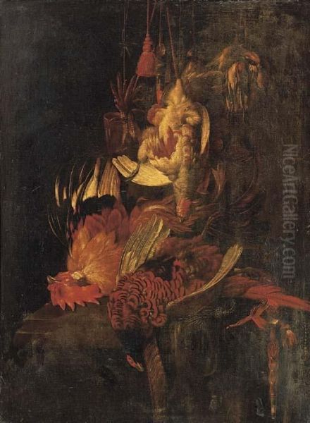 A Dead Cockerel And Game Birds
Suspended By String With A Pheasantand A Falcon's Hood On A Ledge - view 1