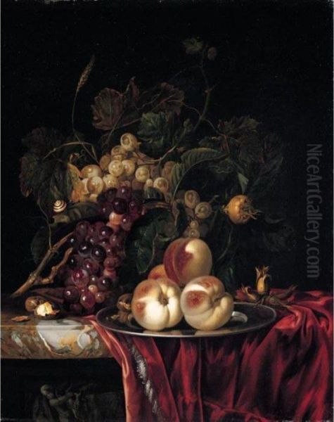 A Still Life Of Peaches On A
Pewter Plate, Bunches Of Grapes, Walnuts And Almonds Together On A Red
Cloth On A Stone Ledge - view 1