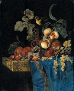 Still Life Of Apricots, Plums,
Red And White Currants And Strawberries Arranged On A Marble Ledge
Draped With A Blue Cloth And A Bird by Willem Van Aelst