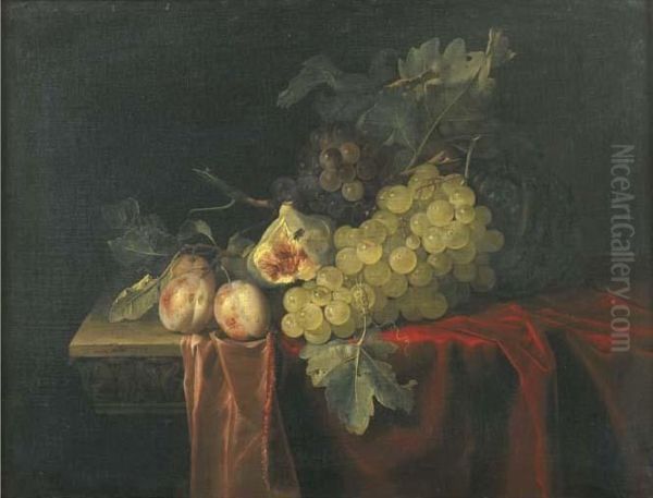 Grapes, Plums, Figs And A Melon, On A Partly Draped Stone Ledge - view 1
