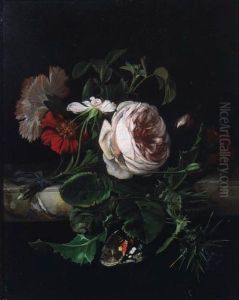 A Sprig Of Damask Roses, A White
 And Red Carnation And A Thistle,tied With A Blue Ribbon, With A Red 
Admiral, On A Stone Ledge by Willem Van Aelst