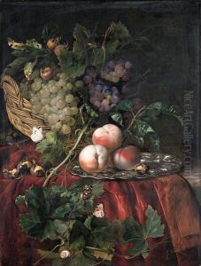 Grapes In A Basket, Peaches On A
Silver Dish, Chestnuts, A Largewhite And Two Red Admiral Butterflies, A
Fly And A Snail On A Vinetendril, On A Red Velvet Cloth Over A Partly
Draped Ledge by Willem Van Aelst