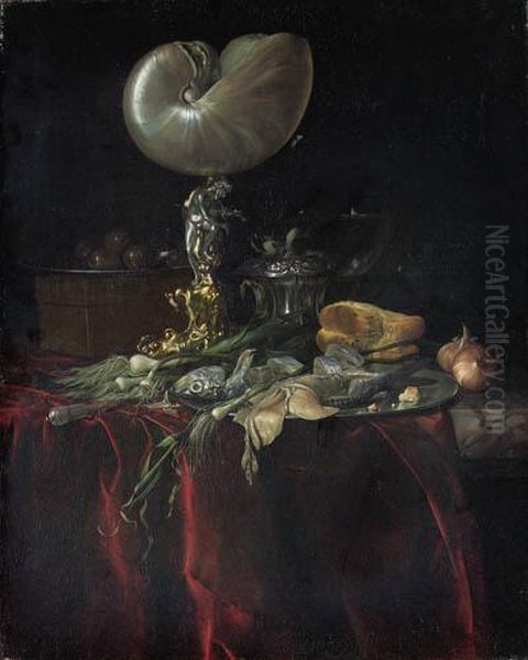 A Nautilus Cup, A Pickled
Herring And A Fillet On A Pewter Platewith A Fly, Onions And Leeks,
Cloves In A Pewter Cup, A Roemer, Acrystal-handled Knife And Olives On A
Pewter Plate On A Box, On Apartly Draped Marble Shelf - view 1