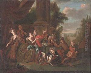 Elegant Company Drinking And Music Making by Joseph van Aken