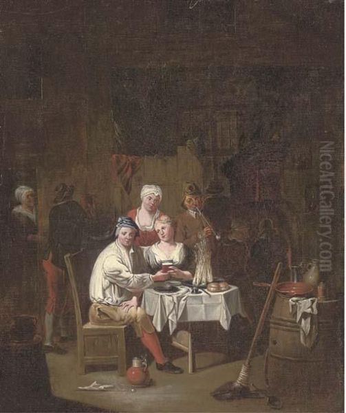Figures Drinking And Smoking In An Interior - view 1
