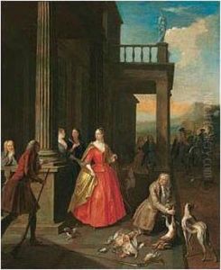 Elegant Figures Gathered Before A Portico After Returning From A Hunt