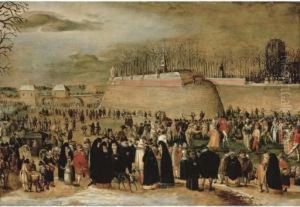 A Winter Carnival With Figures On The Ice Before The Kipdorppoortbastion In Antwerp by Denys Van Alsloot