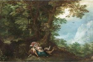 An Extensive Wooded Landscape With Cephalus And Procris by Denys Van Alsloot