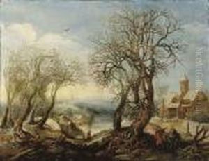 An Extensive Winter River Landscape With The Flight Into Egypt by Denys Van Alsloot