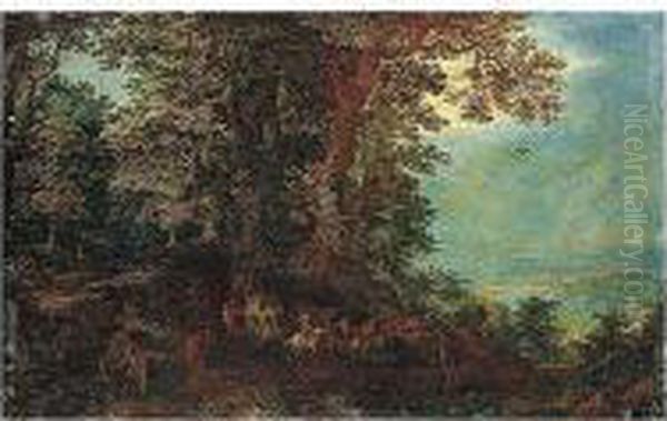 An Extensive Landscape With Travellers And Wagons On A Forest Path - view 1