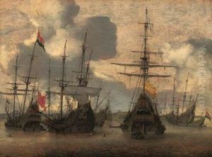 Dutch Men-o-war Anchored Off The Coast by Hendrik van Anthonissen