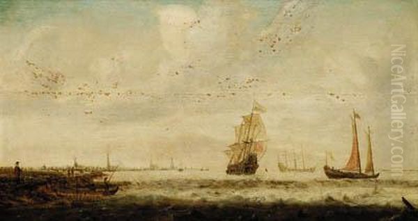 A Frigate And Other Shipping Off A Coastline - view 1