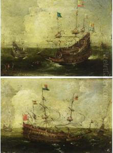 A Heavily Armed Dutch
Four-master And Other Ships At Open Sea ; A Heavily Armed Merchantman,
With The Flag Of Zealand, A Rowing Boat And Other Ships At Sea, Together
With Figures Standing On A Beach - view 1