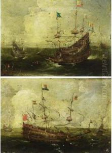 A Heavily Armed Dutch
Four-master And Other Ships At Open Sea ; A Heavily Armed Merchantman,
With The Flag Of Zealand, A Rowing Boat And Other Ships At Sea, Together
With Figures Standing On A Beach by Aert Anthonisz