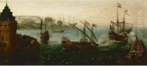 A Galley And Man Of War Entering A Harbour With Many Onlookers by Aert Anthonisz