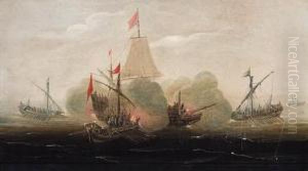 A Naval Engagement With Barges Attacking A Man-o'-war - view 1