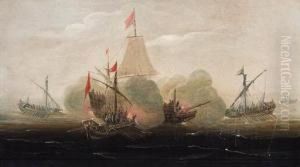 A Naval Engagement With Barges Attacking A Man-o'-war by Aert Anthonisz