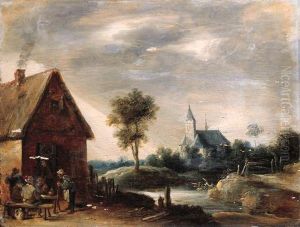 Boors Playing At Cards Outside An Inn, A Church By A Riverbeyond