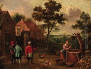 Peasants Conversing On A Track By A Well In A Village by Thomas Van Apshoven