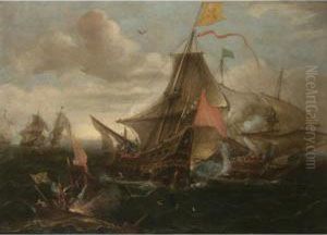 A Naval Engagement Between Spanish Men-o'-war And Turkish Galleys In Heavy Seas by Andries Van Eertvelt
