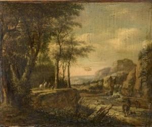 A River Landscape With Horsemen Resting Beside A Waterfall by Pieter Jansz. van Asch