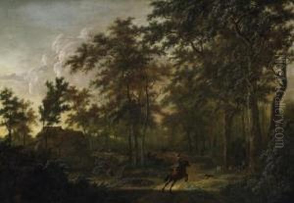 Large Summerly Forest Landscape With Hunters. Signed Bottom Right: P.v. Asch - view 1
