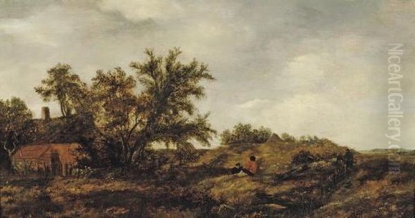 An Extensive Dune Landscape With Figures Resting, A Cottage Nearby - view 1