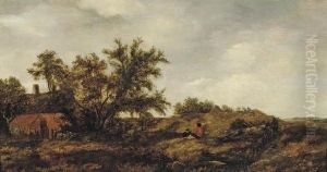 An Extensive Dune Landscape With Figures Resting, A Cottage Nearby by Pieter Jansz. van Asch