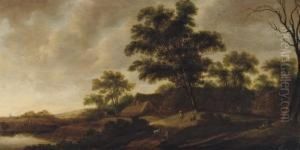 A Wooded River Landscape With Figures On A Track, A Hamlet Nearby by Pieter Jansz. van Asch