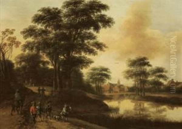A Hunting Party Near A Lake, A Village In The Distance - view 1