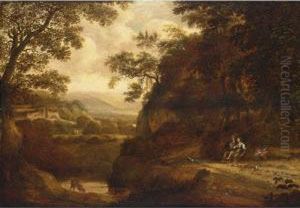 An Italianate Wooded Landscape
With A Lady And A Sportsman Resting Under A Tree, A View Of A Temple And
A Ruin Beyond by Pieter Jansz. van Asch