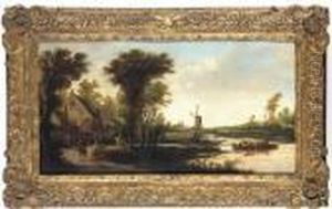 A River Landscape With Cattle And Drovers Being Ferried Across Ariver, A Windmill Beyond by Pieter Jansz. van Asch
