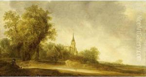 A Dune Landscape With Travellers
And A Figure Resting, A Small Village And A Church Ruin Beyond - view 1