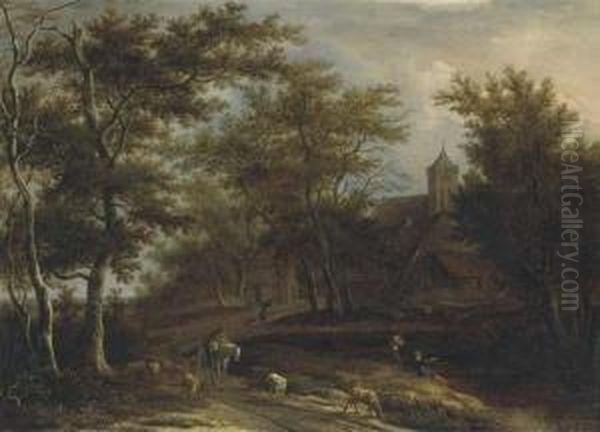 A Wooded River Landscape With A
Peasant On Horseback, A Shepherdwith His Flock And Other Peasants
Fishing Outside A Village - view 1