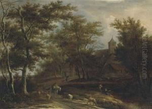 A Wooded River Landscape With A 
Peasant On Horseback, A Shepherdwith His Flock And Other Peasants 
Fishing Outside A Village