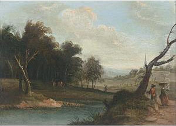 A Wooded River Landscape, A Couple And A Horseman On A Path, A Village Beyond - view 1