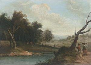 A Wooded River Landscape, A Couple And A Horseman On A Path, A Village Beyond by Pieter Jansz. van Asch