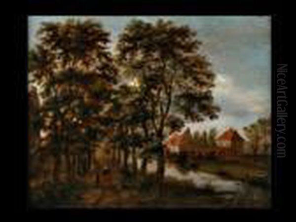 Wanderer In Einer Allee Neben Flusslauf Und Hausern - view 1