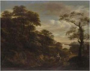 A Southern Landscape With Drovers And Travellers On A Path, A Town Beyond by Pieter Jansz. van Asch