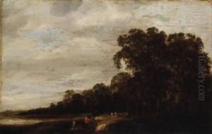 A Wooded Landscape With Huntsmen Resting On A Track