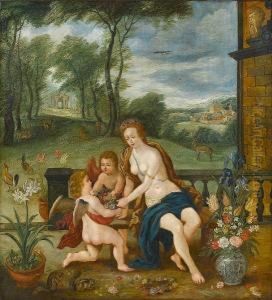 Flora Attended By Putti, A View To A Landscape Beyond by Pieter Van Avont