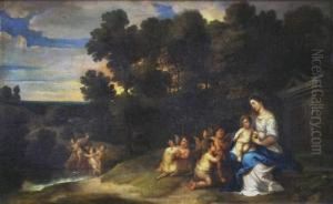 Vierge A L'enfant Avec St Jean Baptiste Et Angelots Dans Un Paysage Vierge A L'enfant Avec St Jean Baptiste Et Angelots Dans Un Paysage