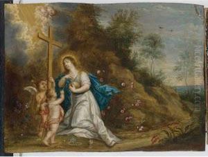 St. Catherine In A Landscape Laureated By Putti by Pieter Van Avont